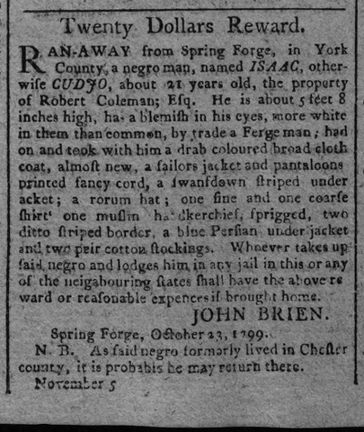 Advertisement for runaway slave Isaac.